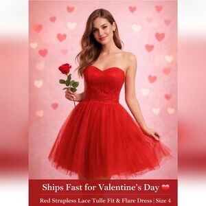 Red Strapless Lace Tulle Valentine Dress Sweetheart Fit Flare Sz 4 1950 Coquette